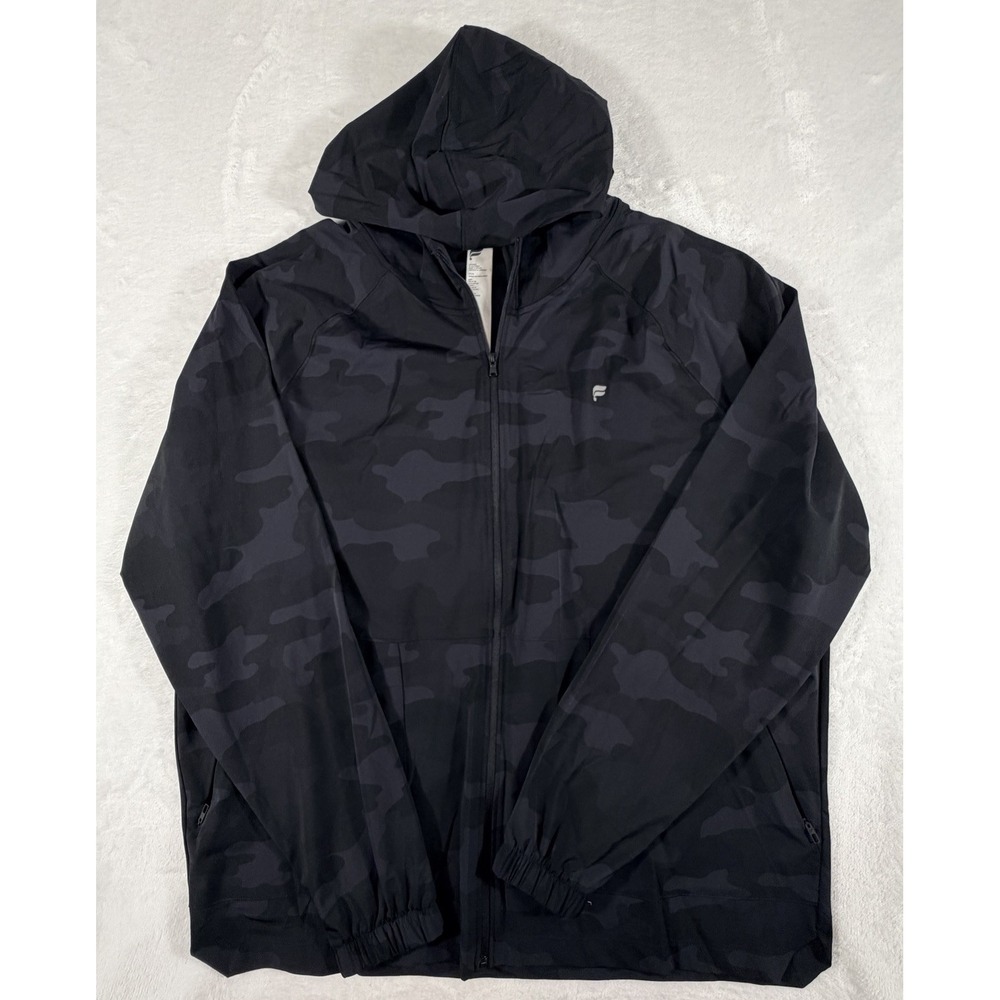 Fabletics Jacket Men's 2XL Black Camo Hooded Windbreaker Full Zip Running Active